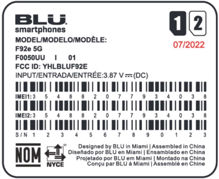 BLU F92E 5G phone label as shown on FCC
